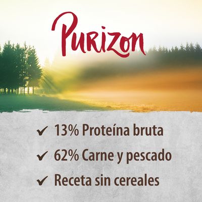 Purizon. 13% proteína bruta, 62% carne y pescado, receta sin cereales.