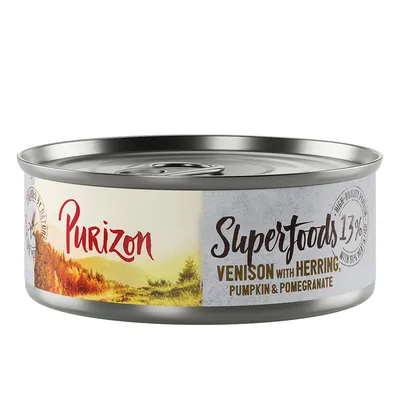 Purizon Superfoods puszka, dziczyzna z śledziem, dynia i granat, 13% białka, wysokiej jakości składniki.