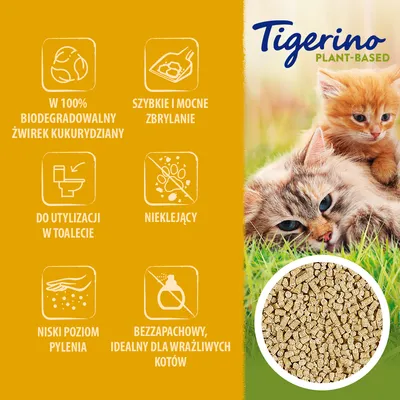 Tigerino Plant-Based. W 100% biodegradowalny żwirek kukurydziany, szybkie i mocne zbrylanie, do utylizacji w toalecie, nieklejący, niski poziom pylenia, bezzapachowy dla wrażliwych kotów.