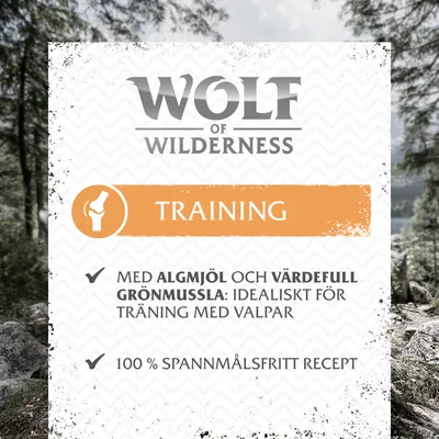 Wolf of Wilderness Training. Med algmjöl och värdefull grönmussla: idealt för träning med valpar. 100 % spannmålsfritt recept.