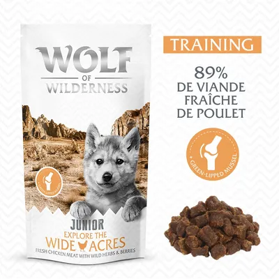 Wolf of Wilderness Junior Explore the Wide Acres, 89 % de viande fraîche de poulet, + green-lipped mussel, croquettes visibles, mention Training