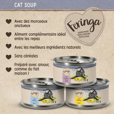 Feringa Cat Soup, 3 boîtes de 70 g : with salmon, with chicken & tuna, with chicken. Texte : morceaux onctueux, complément idéal, ingrédients naturels, sans céréales, fait maison.