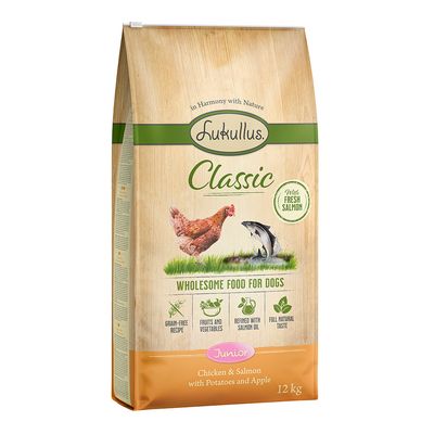 Lukullus Classic Junior Pollo & Salmone (senza cereali) Crocchette per cane 12 kg