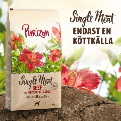Purizon Single Meat Beef with Hibiscus Blossoms, 12 kg. Endast en köttkälla. 65 % kött, 35 % grönsaker, 0 % spannmål synligt på förpackningen. Purizon Single Meat Beef with Hibiscus Blossoms, 12 kg. Endast en köttkälla. 65 % kött, 35 % grönsaker, 0 % spannmål synligt på förpackningen.