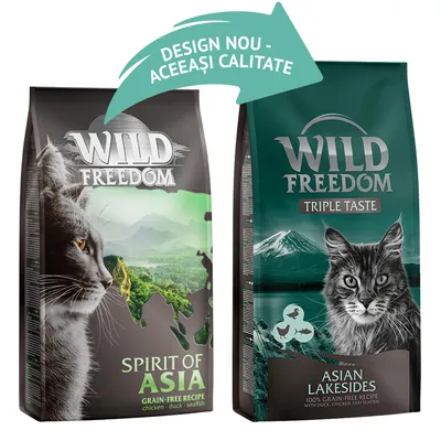 Pungi Wild Freedom pentru pisici: Spirit of Asia, grain-free cu chicken, duck, sealfish și Triple Taste Asian Lakesides, 100% grain-free cu duck, chicken, sealfish. Design nou – aceeași calitate.