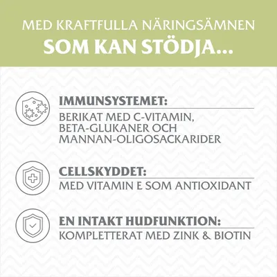 Med kraftfulla näringsämnen som kan stödja immunsystemet, cellskyddet och en intakt hudfunktion. Berikat med C-vitamin, beta-glukaner, vitamin E, zink och biotin.