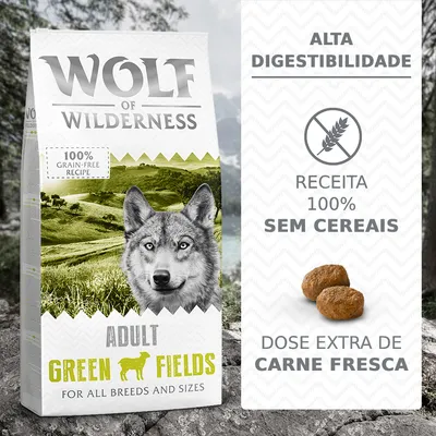Wolf of Wilderness Adult Green Fields, 100% grain-free recipe, alta digestibilidade, receita 100% sem cereais, dose extra de carne fresca. Para todas as raças e tamanhos.