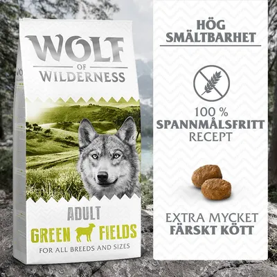 Wolf of Wilderness Adult Green Fields torrfoder, 100 % spannmålsfritt recept, hög smältbarhet, extra mycket färskt kött. För alla raser och storlekar.
