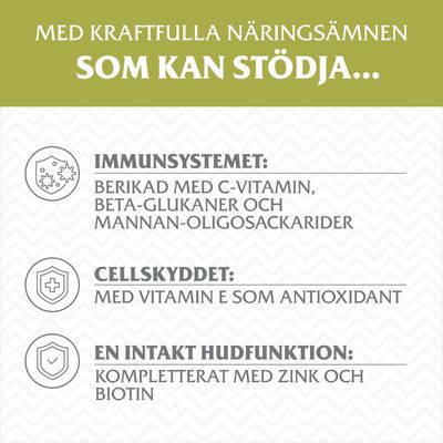 Med kraftfulla näringsämnen som kan stödja immunsystemet, cellskyddet och en intakt hudfunktion. Berikad med C-vitamin, E-vitamin, beta-glukaner, mannan-oligosackarider, zink, biotin.