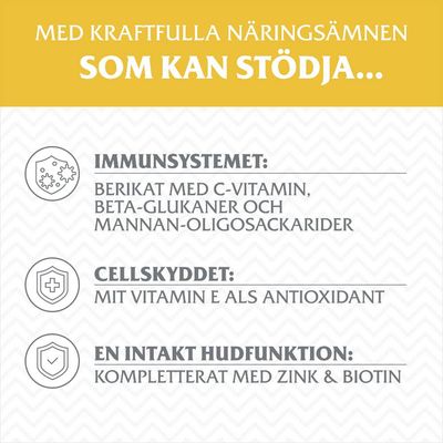 Text: Med kraftfulla näringsämnen som kan stödja immunsystemet, cellskyddet och en intakt hudfunktion. Immunsystemet: berikat med C-vitamin, beta-glukaner och mannan-oligosackarider. Cellskyddet: mit Vitamin E als Antioxidant. En intakt hudfunktion: kompletterat med zink & biotin.