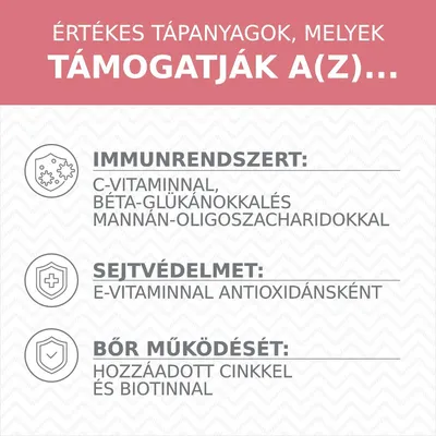Értékes tápanyagok: immunrendszert C-vitaminnal, béta-glükánokkal és mannán-oligoszacharidokkal; sejtvédelmet E-vitaminnal; bőr működését cinkkel és biotinnal támogatják.
