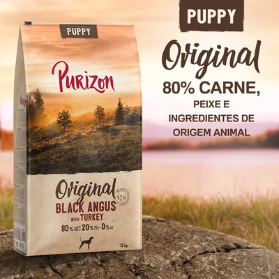Purizon Puppy Original Black Angus with Turkey, 12 kg. 80 % carne, peixe e ingredientes de origem animal. 20 % vegetais, 0 % cereais. Texto visível em português na embalagem.