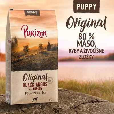 Purizon Puppy Original Black Angus with Turkey, 12 kg. 80 % mäso, ryby a živočíšne zložky, 20 % zelenina, 0 % obilnín. Text: PUPPY, Original, 80 % mäso, ryby a živočíšne zložky. Purizon Puppy Original Black Angus with Turkey, 12 kg. 80 % mäso, ryby a živočíšne zložky, 20 % zelenina, 0 % obilnín. Text: PUPPY, Original, 80 % mäso, ryby a živočíšne zložky.