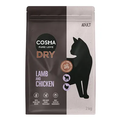 Cosma Pure Love Dry Adult, bárány és csirke, levegőn szárított, 100% gabonamentes, magas friss hús tartalom, csak válogatott összetevők, 2 kg csomag.