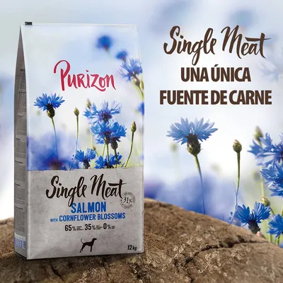 Purizon Single Meat Salmon with Cornflower Blossoms, 12 kg. Una única fuente de carne. 65 % carne, 35 % vegetales, 0 % cereales. Imagen del envase con flores azules.