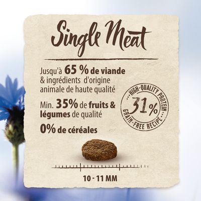Single Meat. Jusqu’à 65 % de viande et ingrédients d’origine animale, min. 35 % de fruits & légumes, 0 % de céréales, 31 % protéines, croquette 10–11 mm.