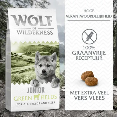 Wolf of Wilderness Junior Green Fields hondenvoer, hoge verantwoordelijkheid, 100% graanvrije receptuur, met extra veel vers vlees. Voor alle rassen en maten.