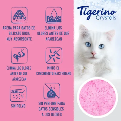 Tigerino Crystals. Arena para gatos de silicato rosa muy absorbente, elimina los olores antes de que aparezcan, inhibe el crecimiento bacteriano, sin polvo, sin perfume para gatos sensibles.