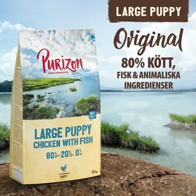 Purizon Large Puppy Chicken with Fish, 12 kg. Original. 80 % kött, fisk & animaliska ingredienser. 80 % – 20 % – 0 %. Stor påse hundfoder vid sjö. Purizon Large Puppy Chicken with Fish, 12 kg. Original. 80 % kött, fisk & animaliska ingredienser. 80 % – 20 % – 0 %. Stor påse hundfoder vid sjö.