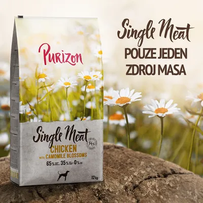 Purizon Single Meat Chicken with Camomile Blossoms, pouze jeden zdroj masa, 65 % maso, 35 % zelenina, 0 % obilovin, balení 12 kg