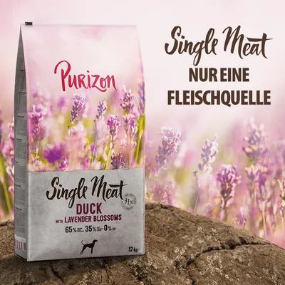 Purizon Single Meat Duck with Lavender Blossoms, 12 kg. Texte visible : Single Meat, nur eine Fleischquelle. Indique 65 % viande, 35 % fruits/légumes, 0 % céréales.