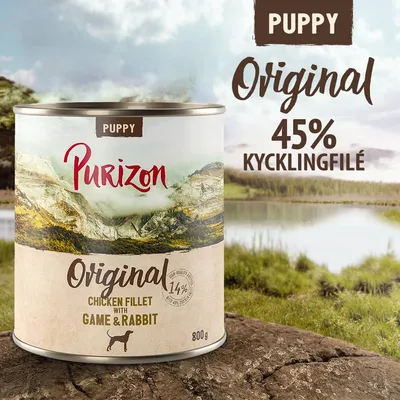Purizon Puppy Original, 45 % kycklingfilé, Chicken Fillet with Game & Rabbit, 800 g. Texten 'Puppy' och 'Original' syns på burken och i bakgrunden.