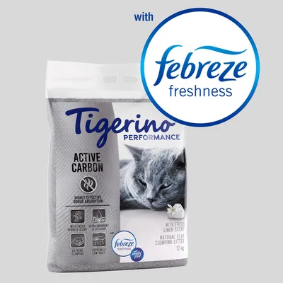 Tigerino Performance Active Carbon kissanhiekka, 12 kg. Febreze freshness, highly effective odour absorption, with fresh febreze scent, ultra absorbent & efficient, extremely low-dust.