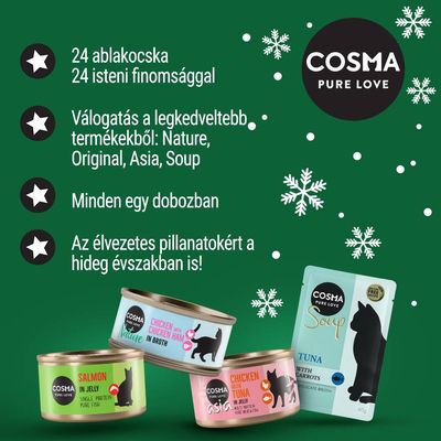 COSMA Pure Love macskaeledel válogatás: 24 ablakocska, 24 finomság, Nature, Original, Asia, Soup termékek egy dobozban. Feliratok és négyféle COSMA eledel csomagolás látható.