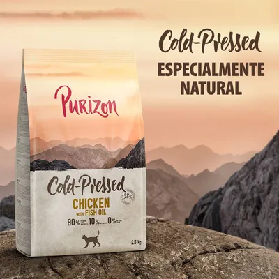 Purizon Cold-Pressed Chicken with Fish Oil, 2,5 kg. 90 % pollo, 10 % aceites, 0 % cereales. Texto visible: 'Cold-Pressed especialmente natural'. Imagen de pienso para gatos.