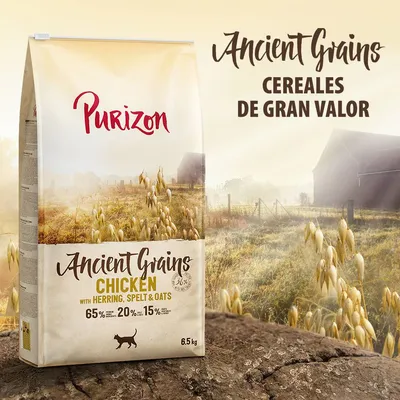 Saco de pienso Purizon Ancient Grains Chicken with Herring, Spelt & Oats, 65 % carne, 20 % cereales, 15 % verduras, 6,5 kg. Texto: Cereales de gran valor.
