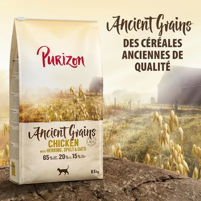 Purizon Ancient Grains Chicken with Herring, Spelt & Oats 6,5 kg. 65 % viande, 20 % céréales anciennes, 15 % fruits/légumes. Texte : des céréales anciennes de qualité. Purizon Ancient Grains Chicken with Herring, Spelt & Oats 6,5 kg. 65 % viande, 20 % céréales anciennes, 15 % fruits/légumes. Texte : des céréales anciennes de qualité.