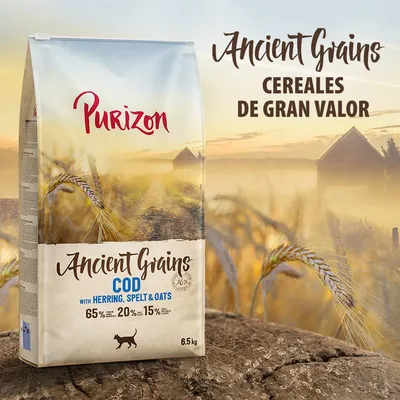 Saco de pienso Purizon Ancient Grains Cod with Herring, Spelt & Oats para gatos, 6,5 kg. 65 % ingredientes animales, 20 % cereales ancestrales, 15 % frutas y verduras. Texto: Cereales de gran valor.