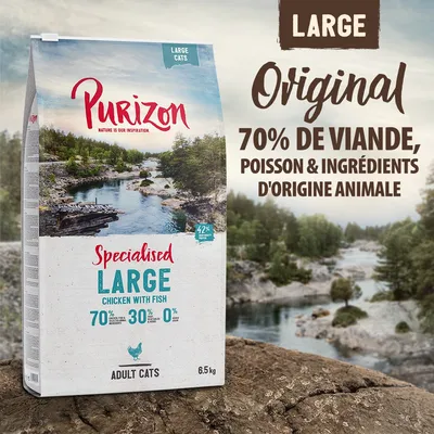 Purizon Specialised Large Chicken with Fish pour grands chats adultes, 6,5 kg. 70 % viande, poisson et ingrédients d'origine animale. 30 % fruits/légumes, 0 % céréales.