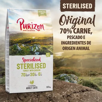 Purizon Specialised Sterilised Turkey with Chicken para gatos adultos, 6,5 kg. 70 % carne, pescado e ingredientes de origen animal, 30 % frutas y verduras, 0 % cereales. Purizon Specialised Sterilised Turkey with Chicken para gatos adultos, 6,5 kg. 70 % carne, pescado e ingredientes de origen animal, 30 % frutas y verduras, 0 % cereales.
