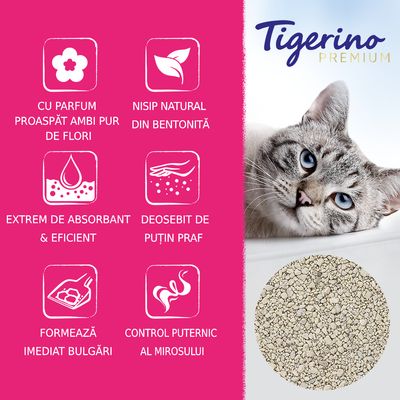 Tigerino Premium. Cu parfum proaspăt ambi pur de flori, nisip natural din bentonită, extrem de absorbant și eficient, deosebit de puțin praf, formează imediat bulgări, control puternic al mirosului.