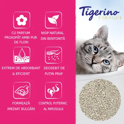 Tigerino Premium. Cu parfum proaspăt ambi pur de flori, nisip natural din bentonită, extrem de absorbant și eficient, deosebit de puțin praf, formează imediat bulgări, control puternic al mirosului.