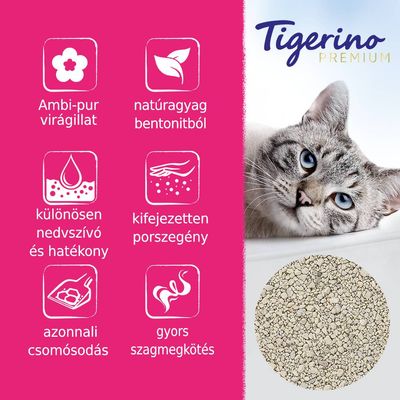 Tigerino Premium. Ambi-pur virágillat, natúranyag bentonitból, különösen nedvszívó és hatékony, kifejezetten porszegény, azonnali csomósodás, gyors szagmegkötés.