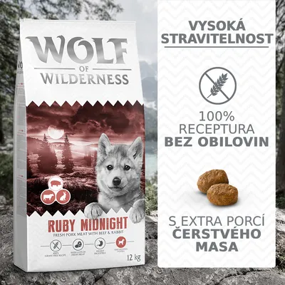 Wolf of Wilderness Ruby Midnight 12 kg, vysoká stravitelnost, 100% receptura bez obilovin, s extra porcí čerstvého masa, obrázek granulí, text v angličtině: Fresh pork meat with beef & rabbit