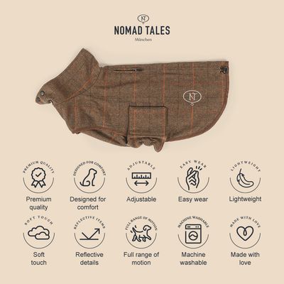 Nomad Tales München hondenjas met premiumkwaliteit, comfortdesign, verstelbaar, makkelijk aan te trekken, licht, zachte stof, reflecterende details, bewegingsvrijheid, machinewasbaar, met liefde gemaakt.