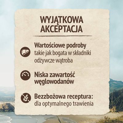 Wyjątkowa akceptacja. Wartościowe podroby, niska zawartość węglowodanów, bezzbożowa receptura dla optymalnego trawienia. Tekst w języku polskim.