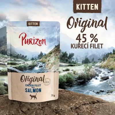 Purizon Kitten Original, 45 % kuřecí filet, chicken fillet with salmon, 70 g. Obal produktu s přírodní krajinou v pozadí. Purizon Kitten Original, 45 % kuřecí filet, chicken fillet with salmon, 70 g. Obal produktu s přírodní krajinou v pozadí.