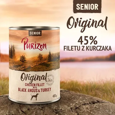 Purizon Senior Original, 45% filetu z kurczaka, puszka 400 g. Chicken fillet with Black Angus & Turkey. Widoczny napis: 14% high quality protein. Purizon Senior Original, 45% filetu z kurczaka, puszka 400 g. Chicken fillet with Black Angus & Turkey. Widoczny napis: 14% high quality protein.