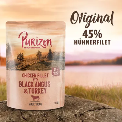 Purizon Chicken Fillet with Black Angus & Turkey, 45 % chicken fillet, Original, Adult Dogs, 300 g. Texte en anglais et allemand : 45% Hühnerfilet.
