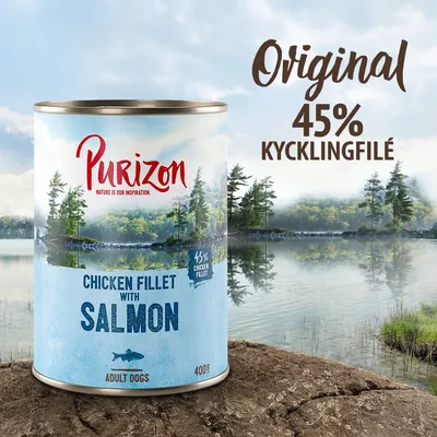 Purizon Chicken Fillet with Salmon, 400 g burk för vuxna hundar. Original, 45 % kycklingfilé. Text på engelska och svenska synlig på förpackningen. Purizon Chicken Fillet with Salmon, 400 g burk för vuxna hundar. Original, 45 % kycklingfilé. Text på engelska och svenska synlig på förpackningen.