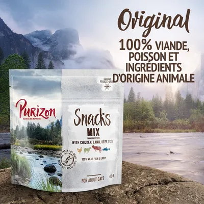 Purizon Snacks Mix pour chats adultes, 40 g. Texte visible : Original, 100 % viande, poisson et ingrédients d’origine animale, with chicken, lamb, beef, fish, 100% meat, fish & liver.