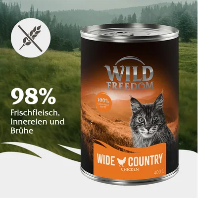 Wild Freedom Wide Country Chicken, 400g Dose. 98% Frischfleisch, Innereien und Brühe. 100% getreidefreie Rezeptur.