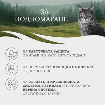 За подпомагане: клетъчна защита с витамин Е, нормална функция на кожата с цинк, сърце и кръвоносна система, ретина и нервна система с таурин.