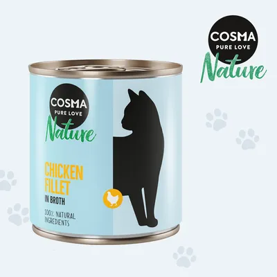 Cosma Pure Love Nature. Chicken Fillet in Broth, 100% natürliche Zutaten. Abgebildet: Dose mit Katzen-Silhouette und Huhn-Symbol. Cosma Pure Love Nature. Chicken Fillet in Broth, 100% natürliche Zutaten. Abgebildet: Dose mit Katzen-Silhouette und Huhn-Symbol.