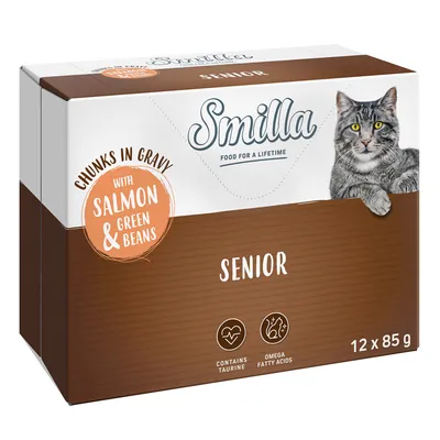 Smilla Senior храна за котки, парченца в сос с сьомга и зелени фасул. Съдържа таурин и омега мастни киселини. Опаковка 12 x 85 г.