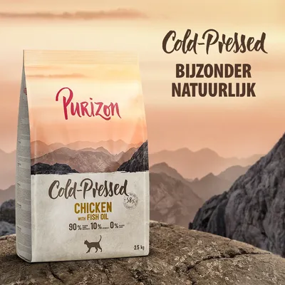Purizon Cold-Pressed Chicken with Fish Oil kattenvoer, 2,5 kg. 90% dierlijke ingrediënten, 10% groenten, 0% granen. Tekst: Cold-Pressed, bijzonder natuurlijk.